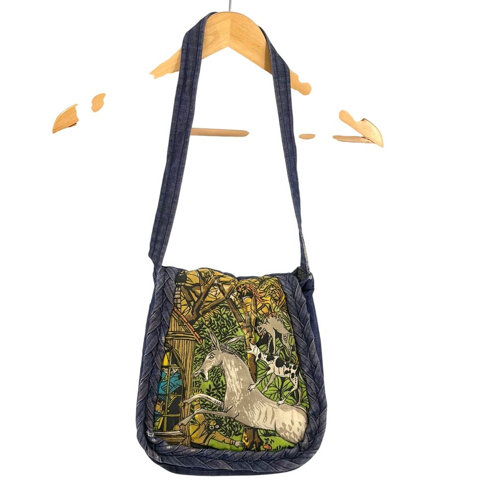 Vintage 70s Custom Denim Bremen Town Musicians Novelty Print Flap Shoulder Bag